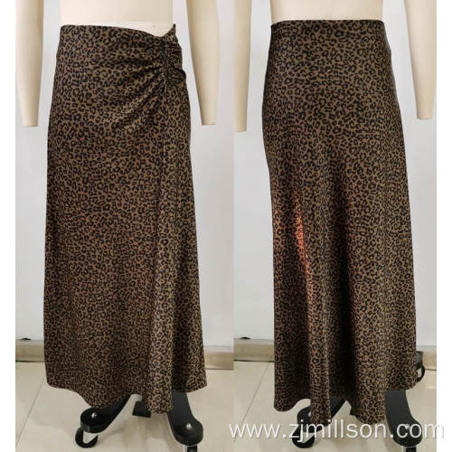 Leopard Pattern Wrinkle Design Midi Lady's Skirts